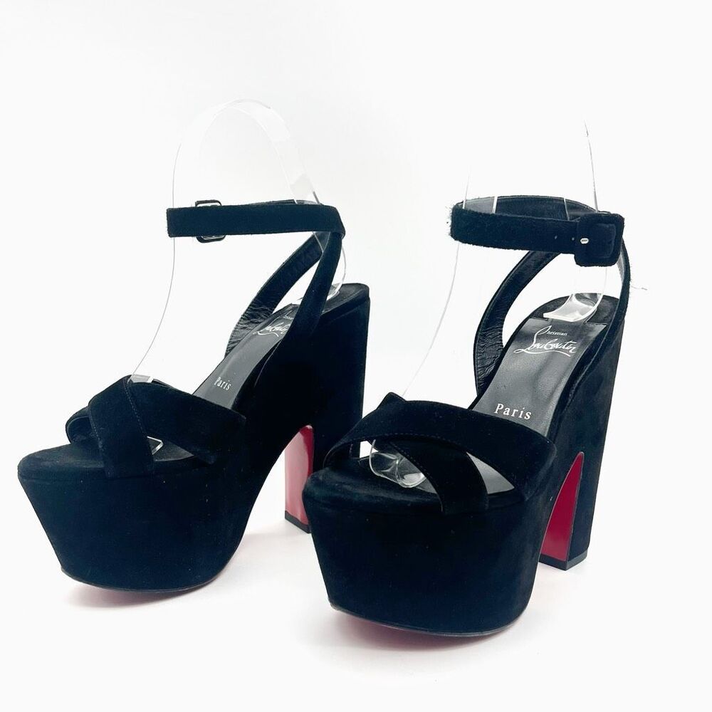 CHRISTIAN LOUBOUTIN Superyaz Platform Heels Size 37.5 Black Suede Ankle Strap